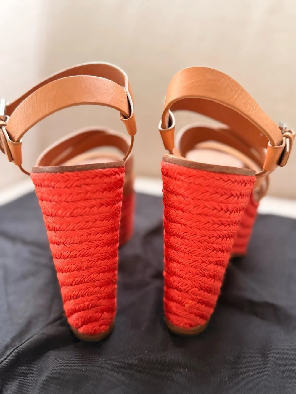 Ralph Lauren Purple Label Tan Leather Platform Sandals with Red Trim